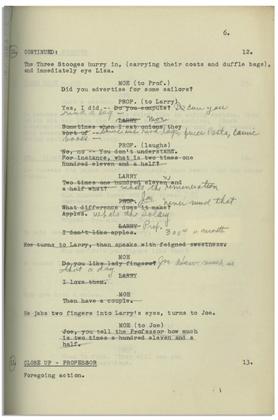 Moe Howard's 24pp. Script Dated August 1956 for The Three Stooges Film ''Space Ship Sappy'' -- With Moe's Annotations & Signatures & Additional 12pp. Script Changes, Shot List & Schedule -- Very Good